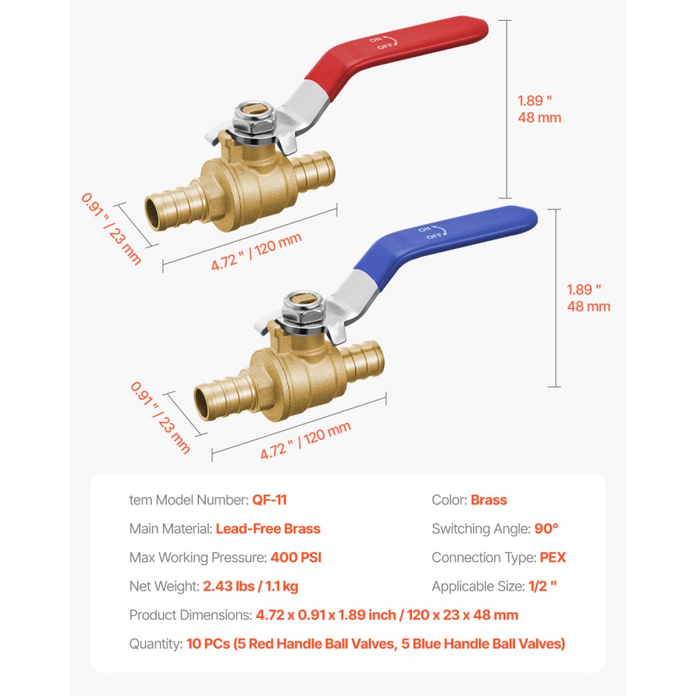 VEVOR PEX Ball Valve, 10 Pieces, 1/2 in PEX Brass Ball Valve, PEX Full Port Brass Ball Valves, Quarter Turn Hot (Red) Cold (Blue) PEX Full Port Ball Valve, for Kitchen, Hydronic Heating, Bathroom