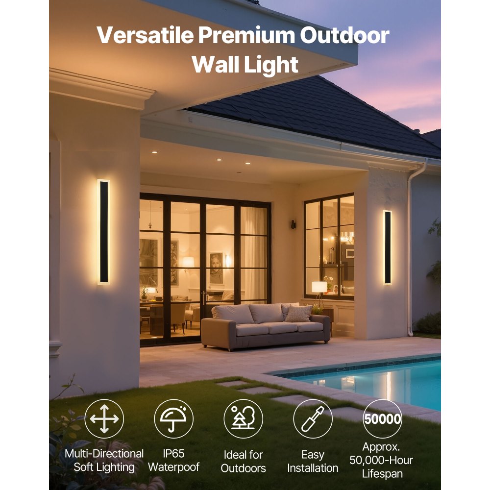 VEVOR Outdoor Wall Light, 23.6 Inch, Long Strip Modern Exterior Wall Sconce Light Fixtures, 3000K Warm White, IP65 Waterproof, Anti-Rust Outside Patio Wall Mount Lighting, for House, Porch, Garage