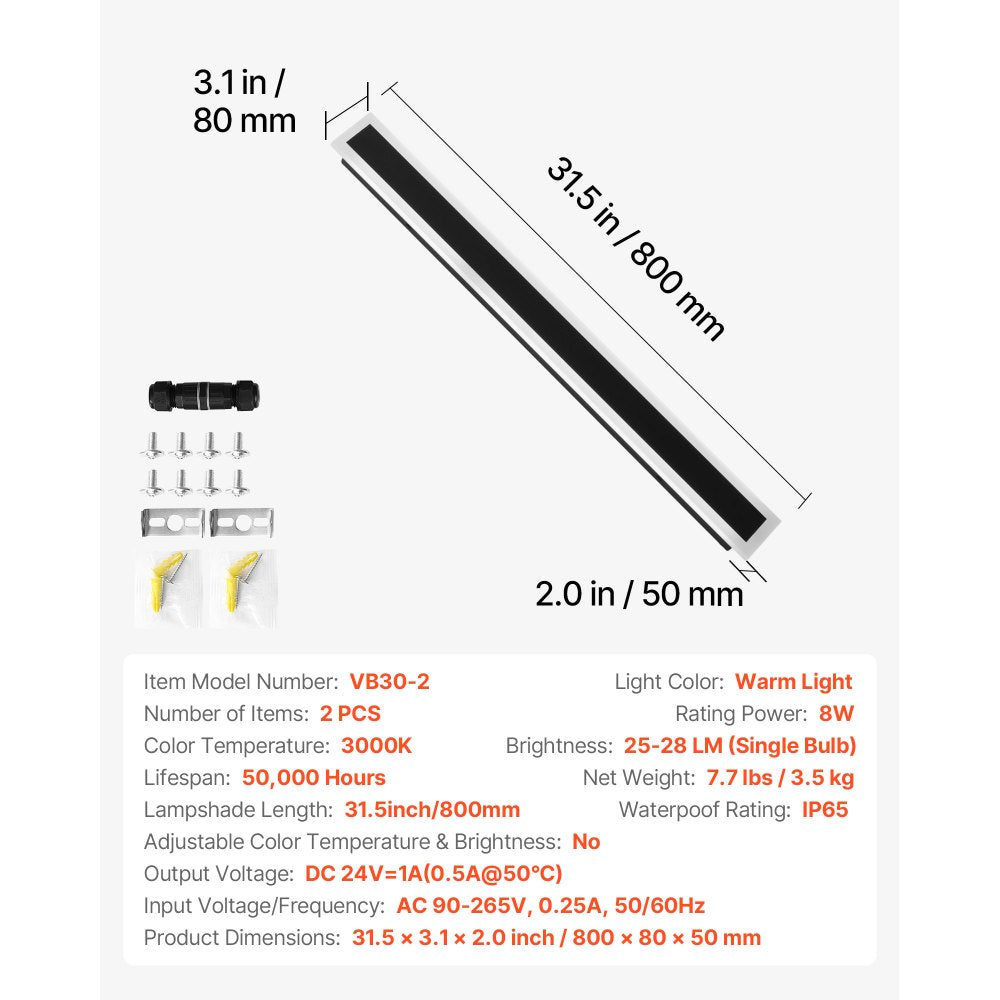 VEVOR Outdoor Wall Lights, 2 Pack, 31.5 Inch Long Strip Modern Exterior Wall Sconce Light Fixtures, 3000K Warm White, IP65 Waterproof Anti-Rust Outside Wall Mount Lighting, for House, Porch, Garage