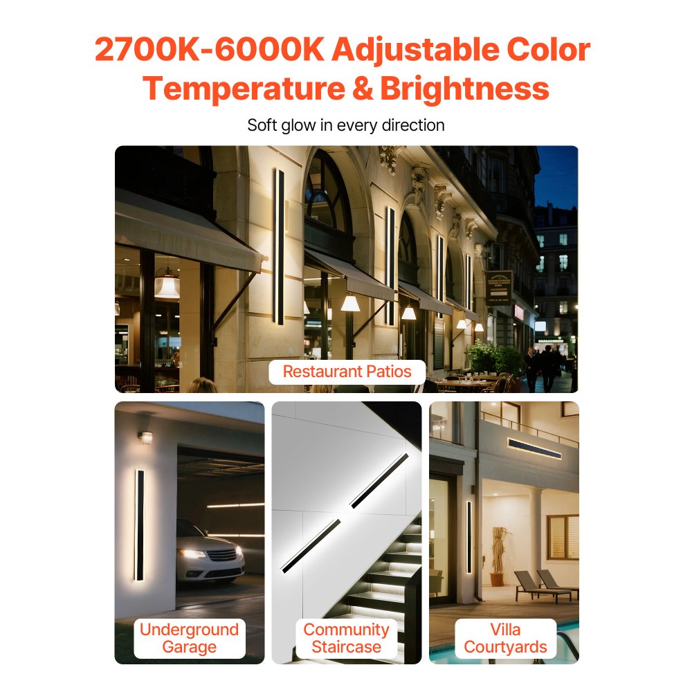VEVOR Outdoor Wall Lights, 2 Pack, 39.4 Inch Long Strip Modern Exterior Wall Sconce Light Fixtures, 2700K-6000K, IP65 Waterproof Anti-Rust, Dimmable Outside Wall Mount Lighting, for House Porch Garage
