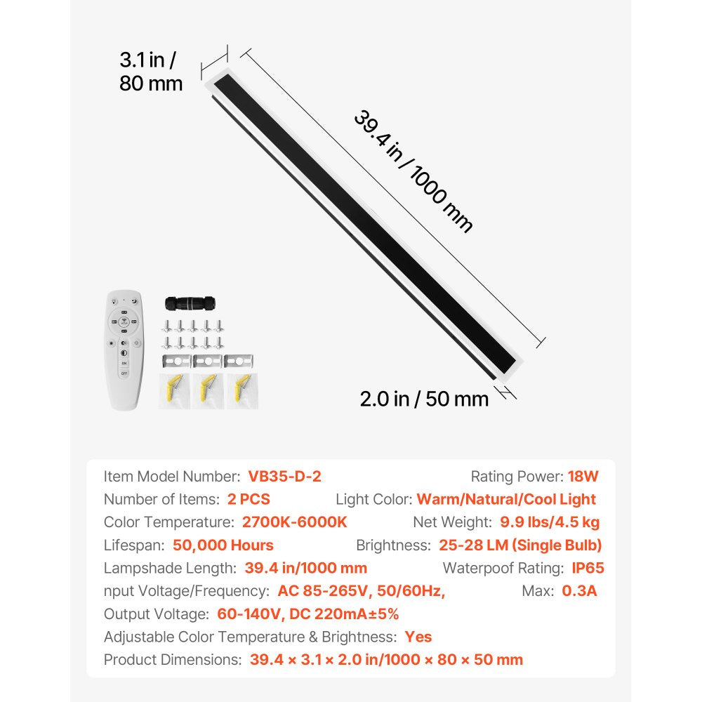VEVOR Outdoor Wall Lights, 2 Pack, 39.4 Inch Long Strip Modern Exterior Wall Sconce Light Fixtures, 2700K-6000K, IP65 Waterproof Anti-Rust, Dimmable Outside Wall Mount Lighting, for House Porch Garage