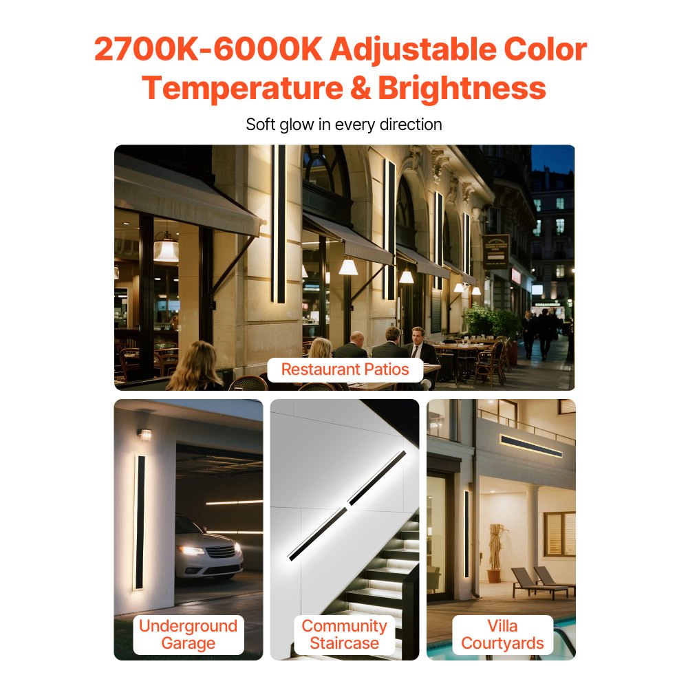 VEVOR Outdoor Wall Lights, 2 Pack, 47.2 Inch Long Strip Modern Exterior Wall Sconce Light Fixtures, 2700K-6000K, IP65 Waterproof Anti-Rust, Dimmable Outside Wall Mount Lighting, for House Porch Garage