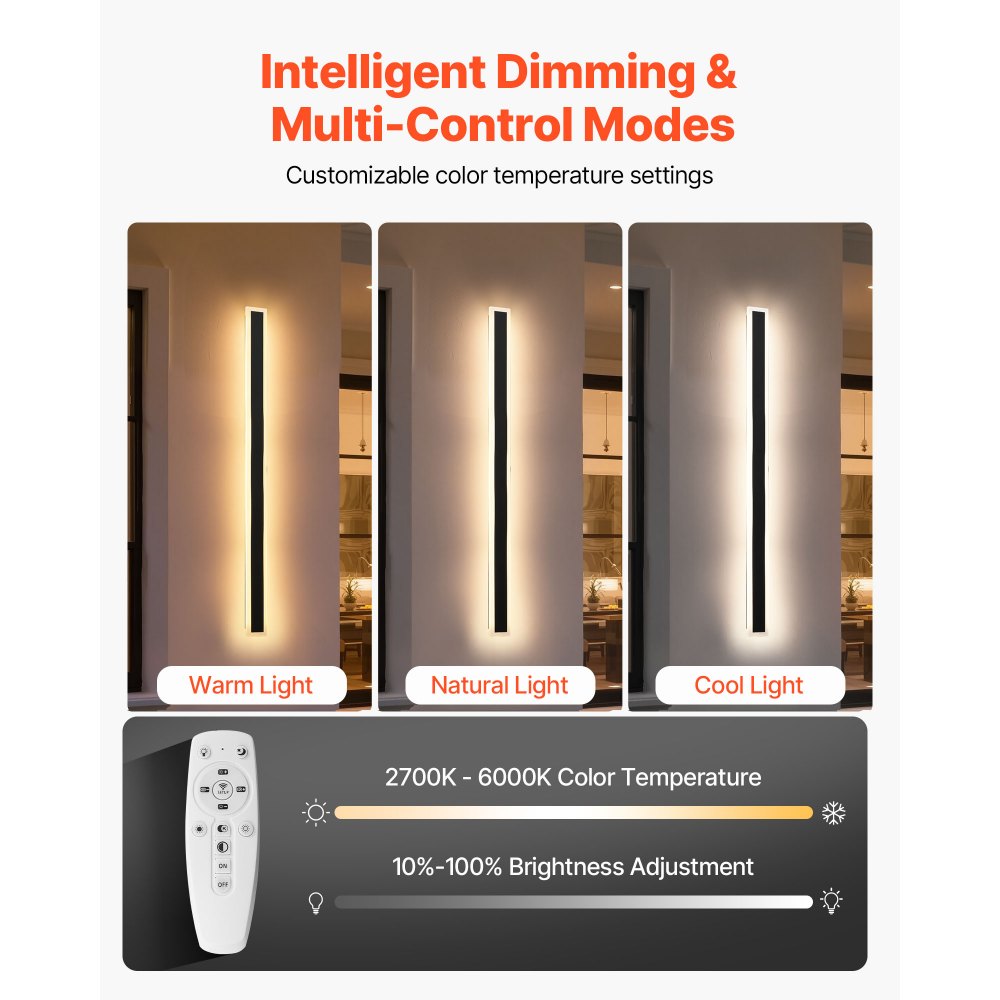 VEVOR Outdoor Wall Lights, 2 Pack, 47.2 Inch Long Strip Modern Exterior Wall Sconce Light Fixtures, 2700K-6000K, IP65 Waterproof Anti-Rust, Dimmable Outside Wall Mount Lighting, for House Porch Garage