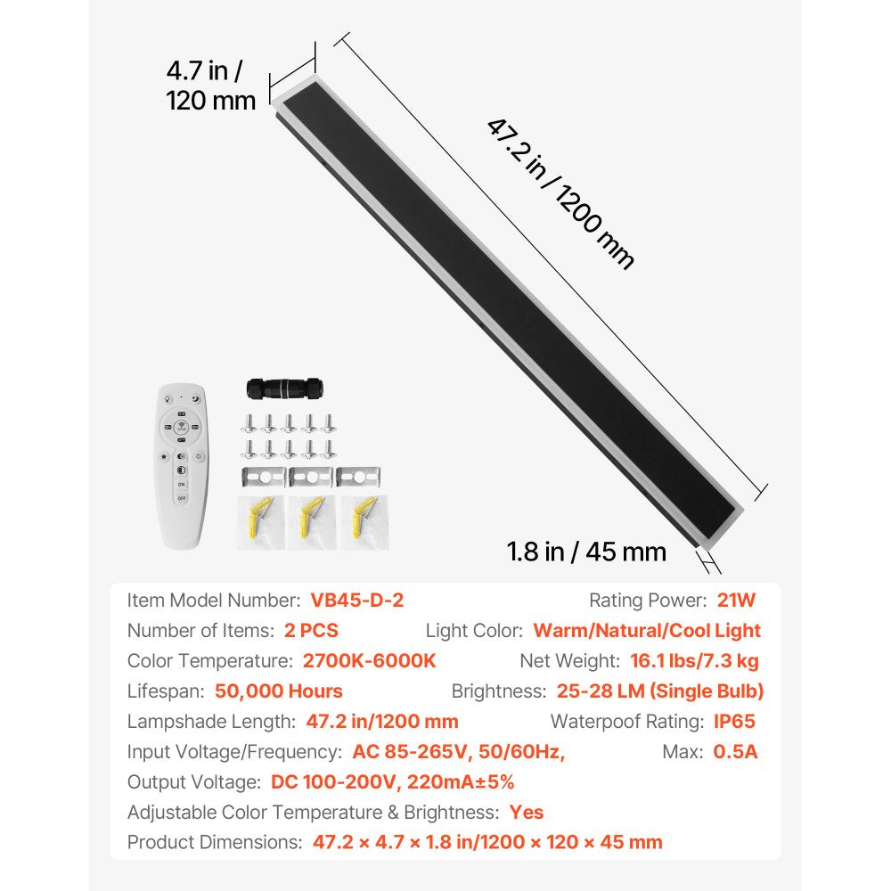 VEVOR Outdoor Wall Lights, 2 Pack, 47.2 Inch Long Strip Modern Exterior Wall Sconce Light Fixtures, 2700K-6000K, IP65 Waterproof Anti-Rust, Dimmable Outside Wall Mount Lighting, for House Porch Garage