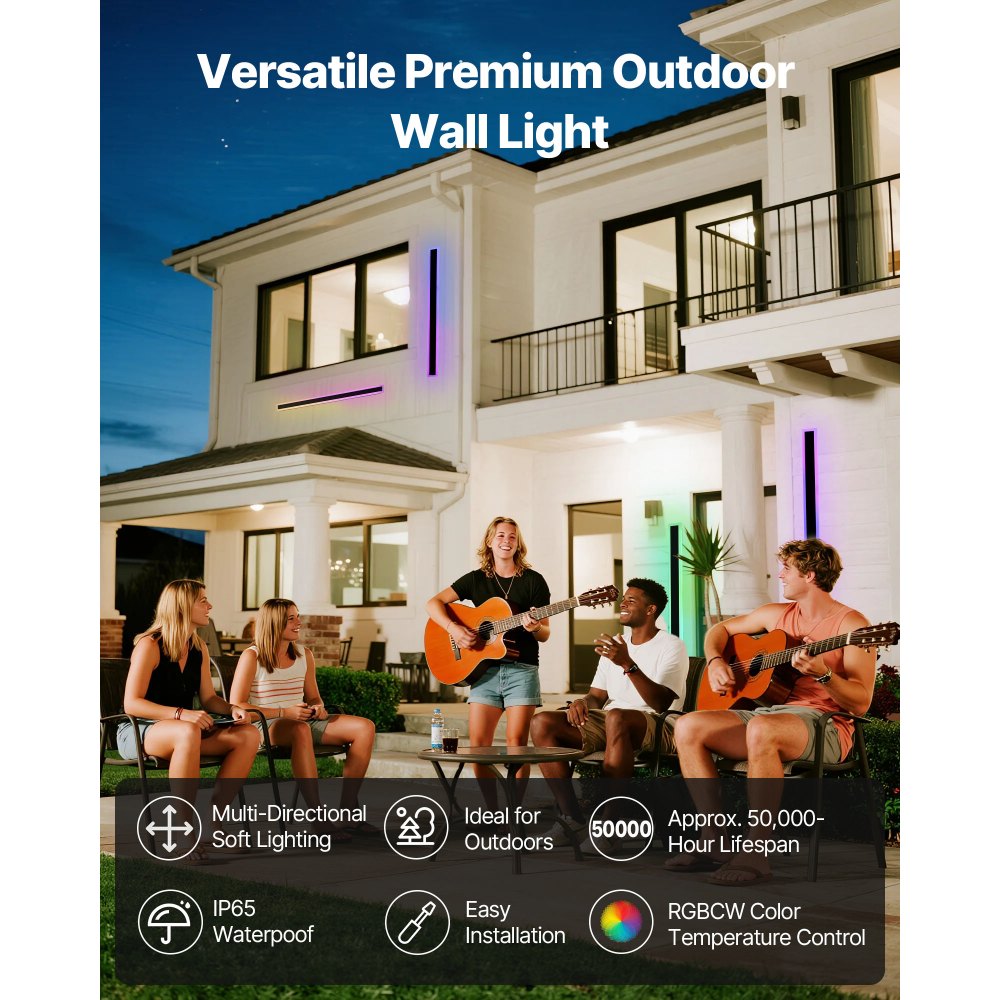 VEVOR Outdoor Wall Lights, 2 Pack, 39.4 Inch Long RGB Modern Exterior Wall Sconce Light Fixtures, 2700K-6000K, IP65 Waterproof Anti-Rust, Dimmable Outside Wall Mount Lighting, for House Porch Garage