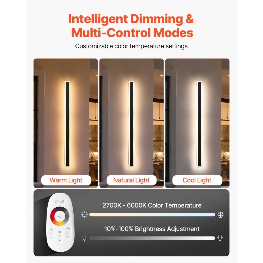 VEVOR Outdoor Wall Lights, 2 Pack, 39.4 Inch Long RGB Modern Exterior Wall Sconce Light Fixtures, 2700K-6000K, IP65 Waterproof Anti-Rust, Dimmable Outside Wall Mount Lighting, for House Porch Garage