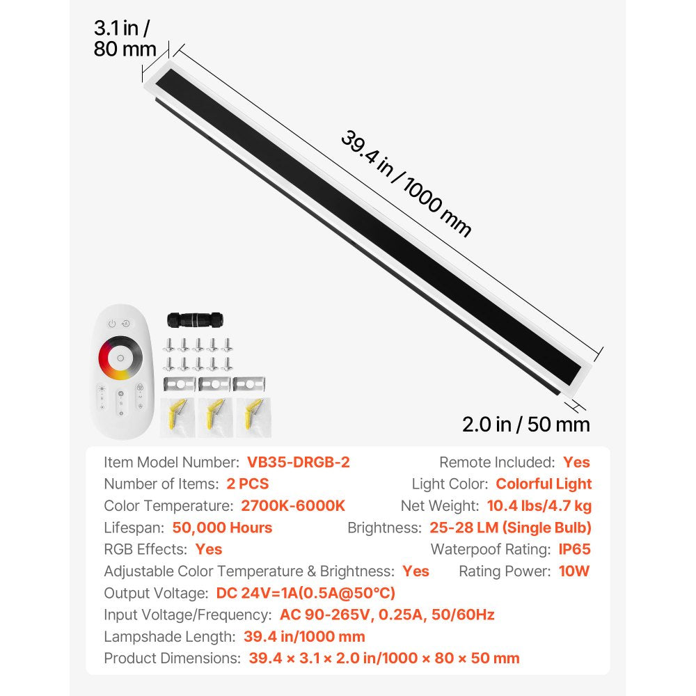 VEVOR Outdoor Wall Lights, 2 Pack, 39.4 Inch Long RGB Modern Exterior Wall Sconce Light Fixtures, 2700K-6000K, IP65 Waterproof Anti-Rust, Dimmable Outside Wall Mount Lighting, for House Porch Garage
