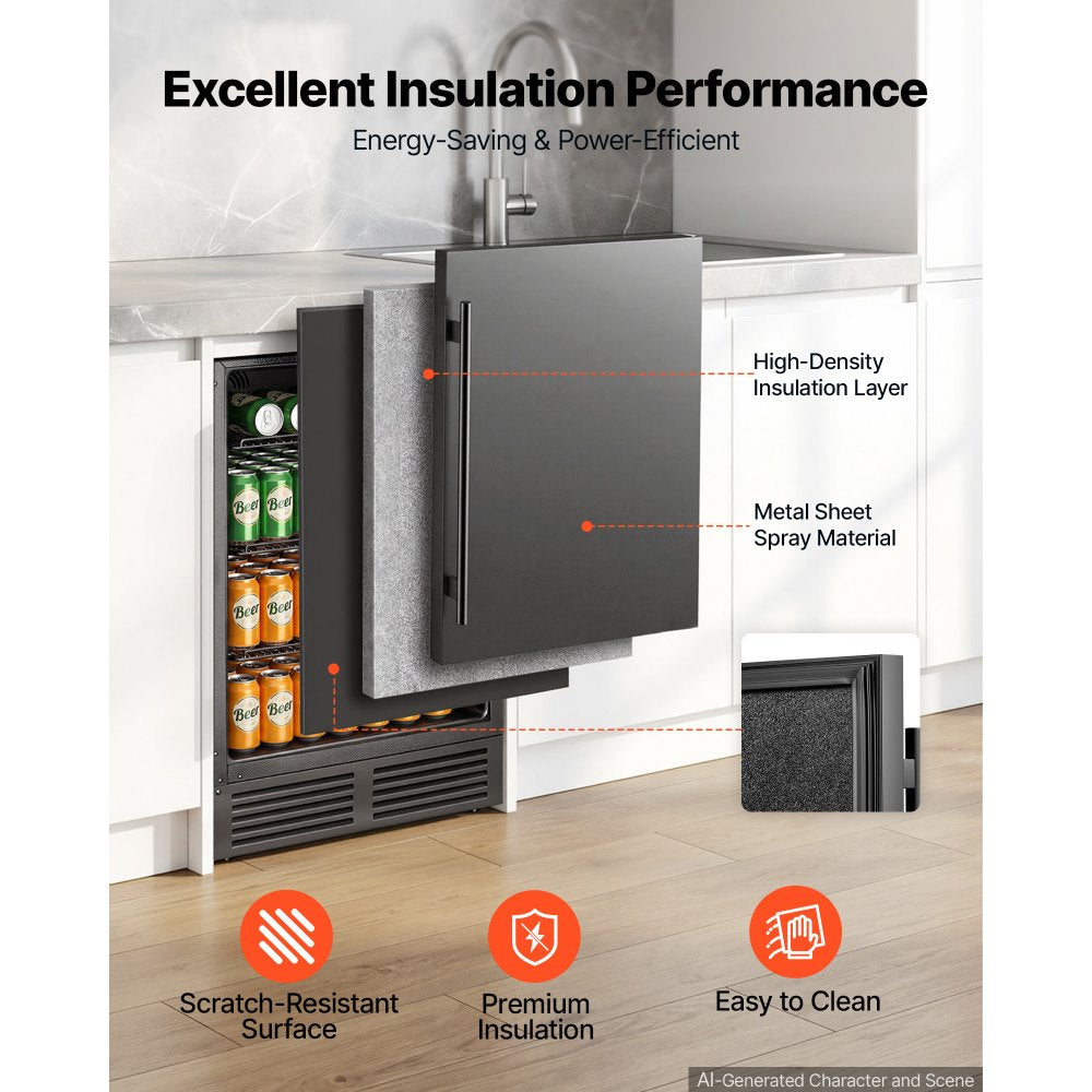 VEVOR Beverage Refrigerator, 24 Inch Under Counter Drink Fridge, Black, Hold 180 Cans, 5.0 Cu. Ft, Built-in / Freestand Cooler, Powerful Quiet Cooling System, 3 Shelves, Home Kitchen & Bar