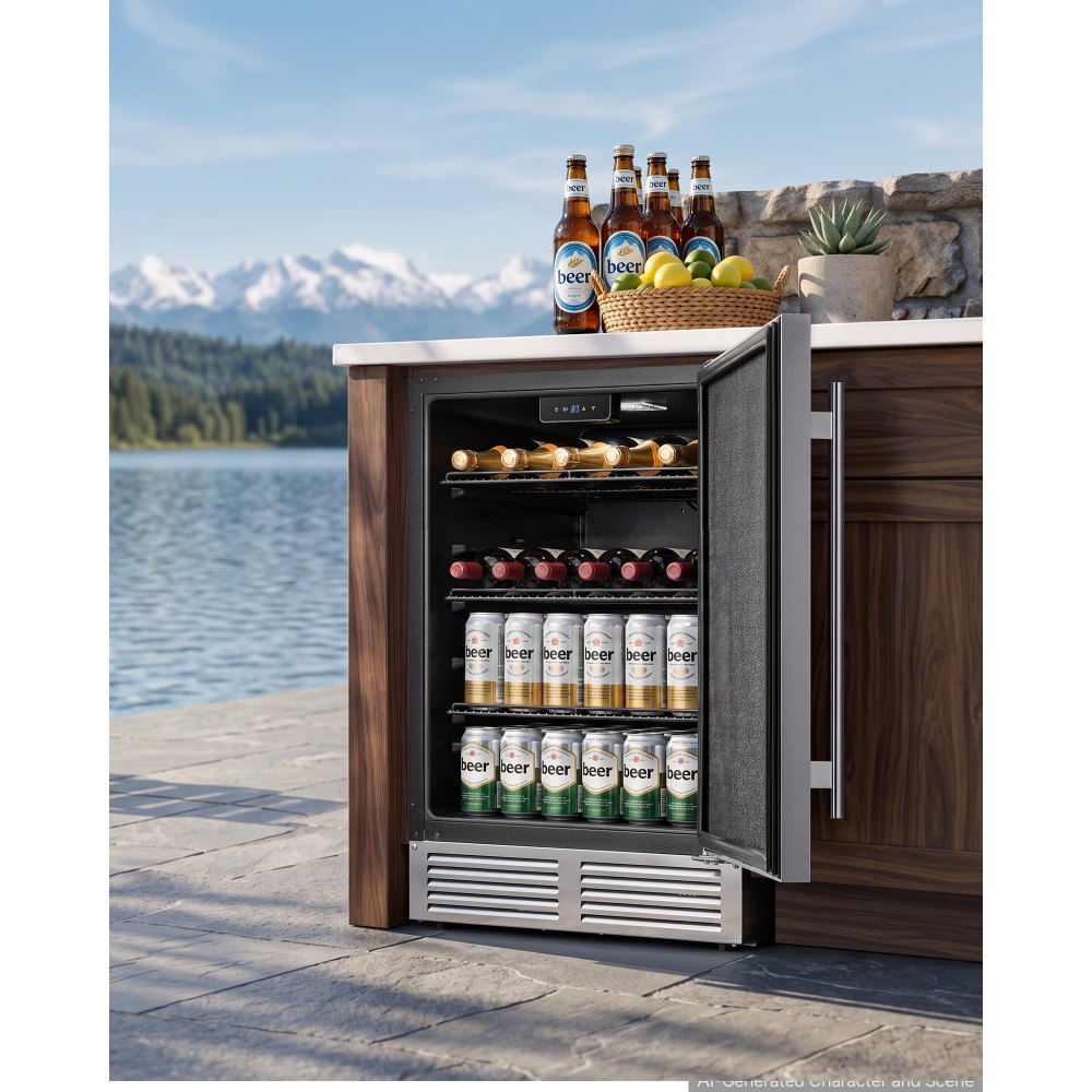 VEVOR Outdoor Beverage Refrigerator, 24 Inch Undercounter Drink Fridge, 304 Stainless Steel Door, 5.0 Cu. Ft, Hold 180 Cans, Powerful Cooling System, Built-in / Freestand Cooler, Home Bar & Patio