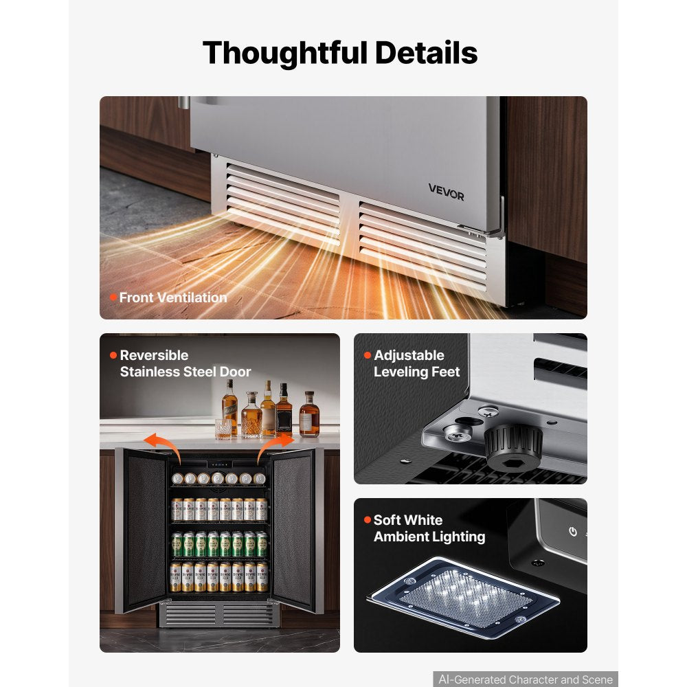 VEVOR Outdoor Beverage Refrigerator, 24 Inch Undercounter Drink Fridge, 304 Stainless Steel Door, 5.0 Cu. Ft, Hold 180 Cans, Powerful Cooling System, Built-in / Freestand Cooler, Home Bar & Patio