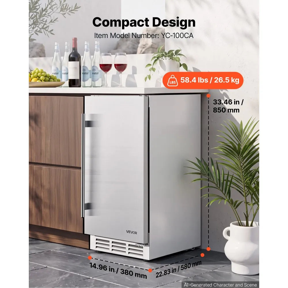 VEVOR Outdoor Beverage Refrigerator, 15 Inch Undercounter Drink Fridge, 304 Stainless Steel Body, 3.0 Cu. Ft, Hold 94 Cans, Powerful Cooling System, Built-in / Freestand Cooler, Home Bar & Patio