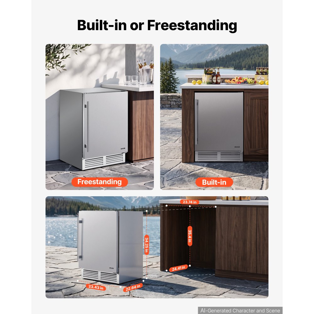 VEVOR Outdoor Beverage Refrigerator, 24 Inch Undercounter Drink Fridge, 304 Stainless Steel Body, 5.0 Cu. Ft, Hold 180 Cans, Powerful Cooling System, Built-in / Freestand Cooler, Home Bar & Patio