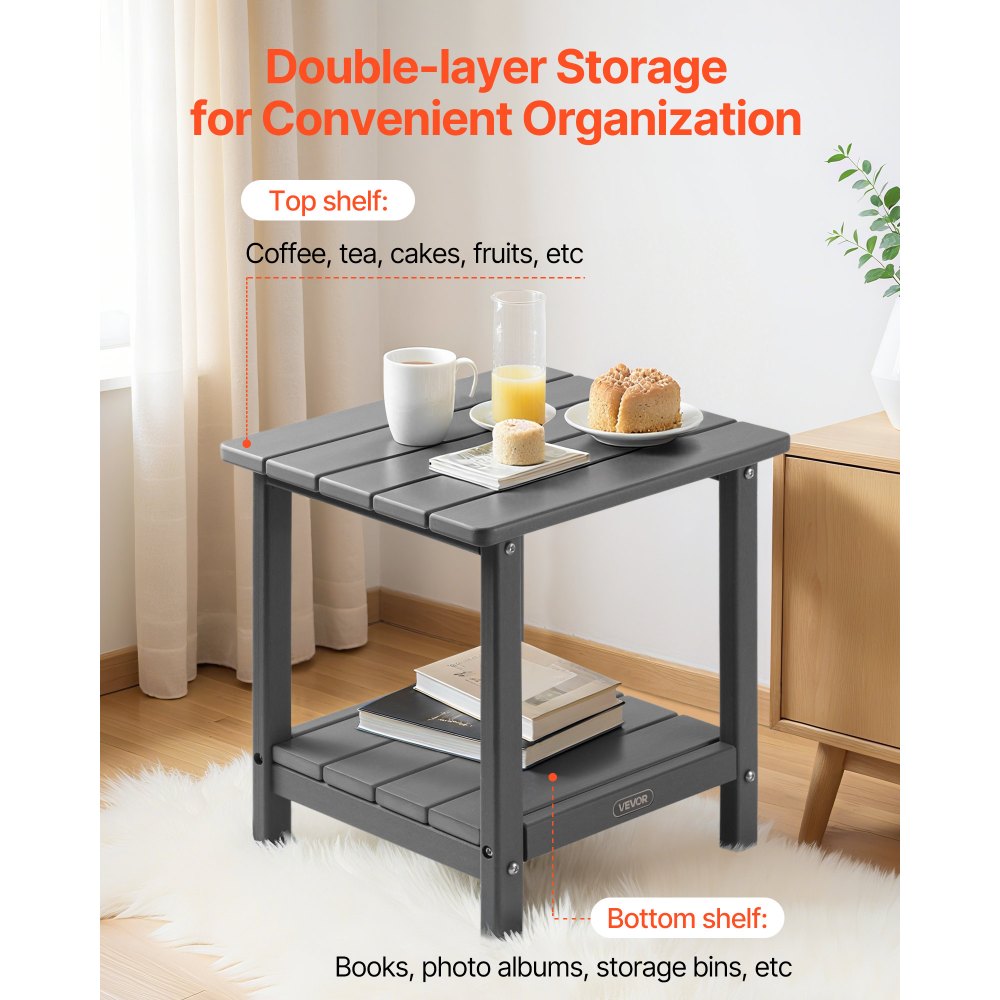 VEVOR Outdoor Side Table, 17.72W x 14.96D x 17.32H Inch, Double Layer HDPE Outside End Table for Easy Maintenance, Withstand Harsh Weather, Fit for Patio, Pool, Beach, Porch, Indoor, Backyard, Grey