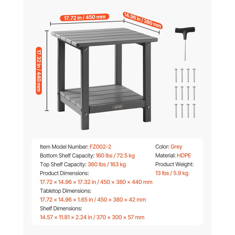 VEVOR Outdoor Side Table, 17.72W x 14.96D x 17.32H Inch, Double Layer HDPE Outside End Table for Easy Maintenance, Withstand Harsh Weather, Fit for Patio, Pool, Beach, Porch, Indoor, Backyard, Grey
