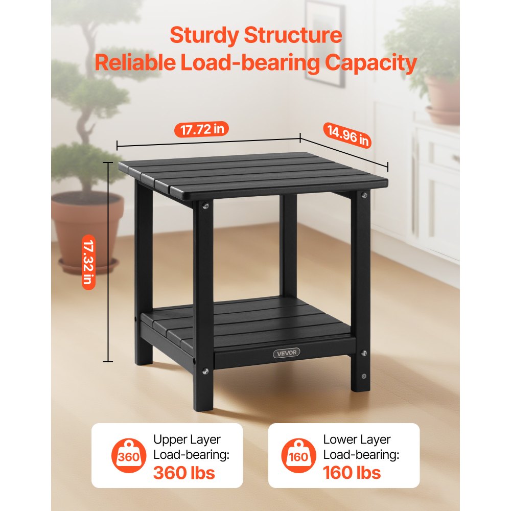 VEVOR Outdoor Side Table, 17.72W x 14.96D x 17.32H Inch, Double Layer HDPE Outside End Table for Easy Maintenance, Withstand Harsh Weather, Fit for Patio, Pool, Beach, Porch, Indoor, Backyard, Black