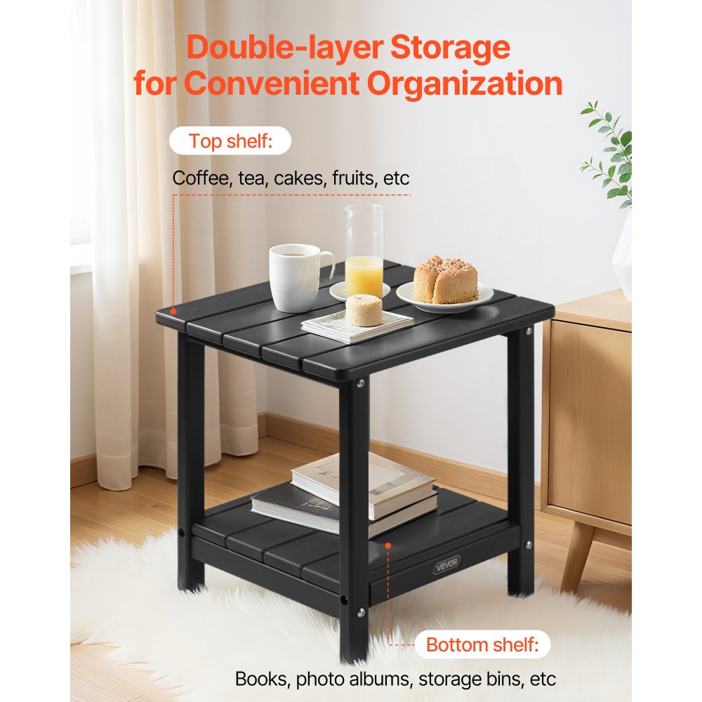 VEVOR Outdoor Side Table, 17.72W x 14.96D x 17.32H Inch, Double Layer HDPE Outside End Table for Easy Maintenance, Withstand Harsh Weather, Fit for Patio, Pool, Beach, Porch, Indoor, Backyard, Black