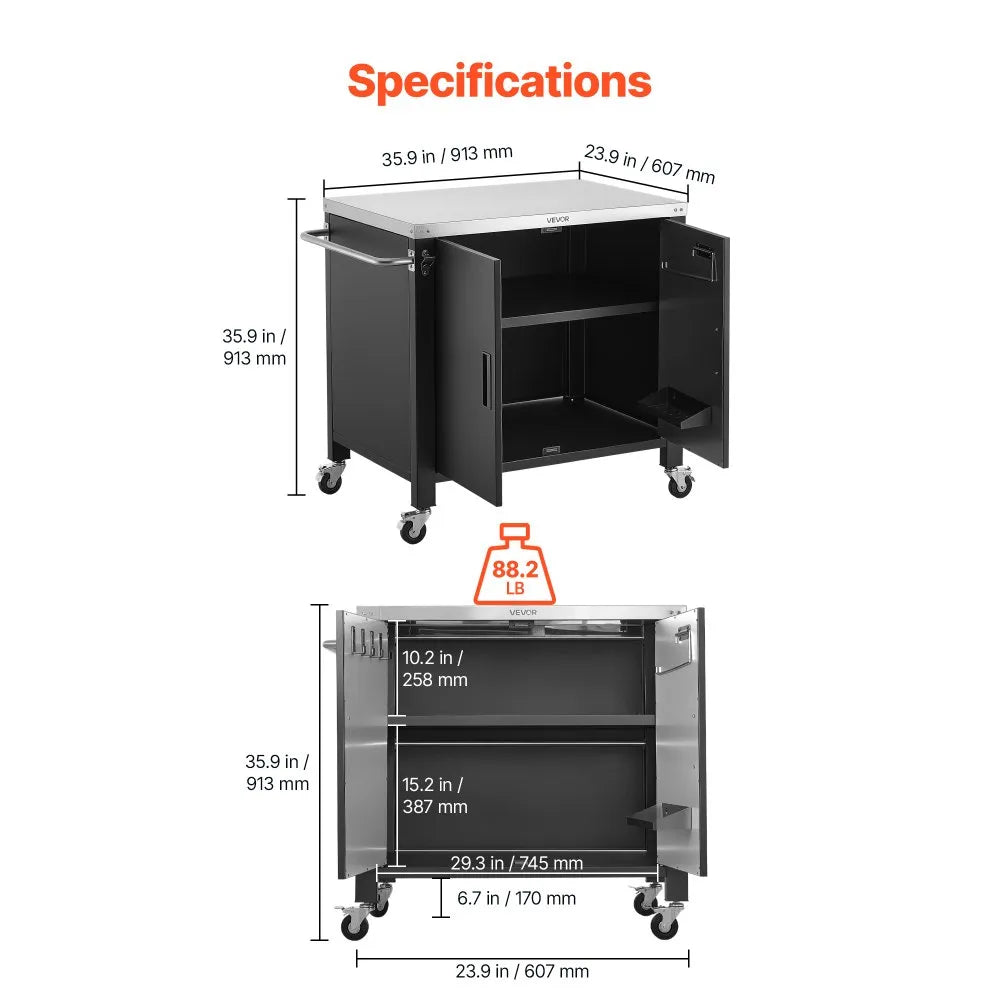 VEVOR Outdoor Grill Cart with Storage Cabinet, 40 Inch Grill Table, Waterproof Kitchen Island with Stainless Steel Top, Spice Rack, and Wheels, Movable Food Prep Station for Patio Bar Backyard BBQ