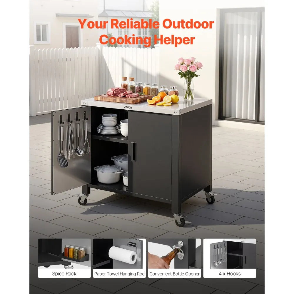 VEVOR Outdoor Grill Cart with Storage Cabinet, 40 Inch Grill Table, Waterproof Kitchen Island with Stainless Steel Top, Spice Rack, and Wheels, Movable Food Prep Station for Patio Bar Backyard BBQ
