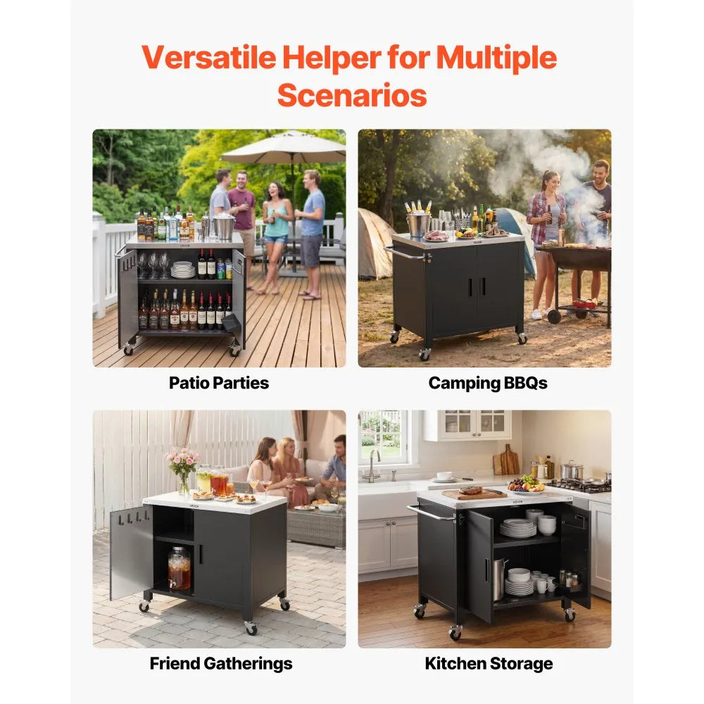 VEVOR Outdoor Grill Cart with Storage Cabinet, 40 Inch Grill Table, Waterproof Kitchen Island with Stainless Steel Top, Spice Rack, and Wheels, Movable Food Prep Station for Patio Bar Backyard BBQ