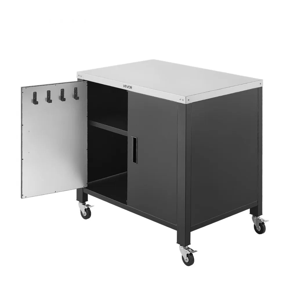 VEVOR Outdoor Grill Cart with Storage Cabinet, 40 Inch Grill Table, Waterproof Kitchen Island with Stainless Steel Top, Spice Rack, and Wheels, Movable Food Prep Station for Patio Bar Backyard BBQ