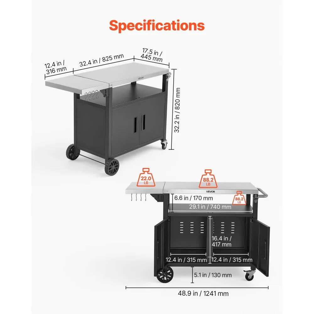 VEVOR Outdoor Grill Cart with Storage Cabinet, 48.9 Inch Grill Table, Waterproof Kitchen Island with Stainless Steel Top, Shelf, and Wheels, Movable Food Prep Station for Patio Bar Backyard BBQ