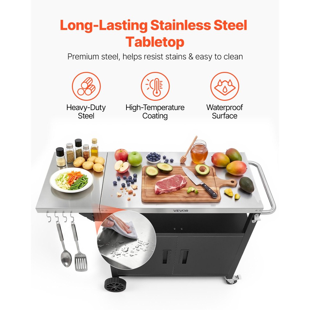 VEVOR Outdoor Grill Cart with Storage Cabinet, 48.9 Inch Grill Table, Waterproof Kitchen Island with Stainless Steel Top, Shelf, and Wheels, Movable Food Prep Station for Patio Bar Backyard BBQ