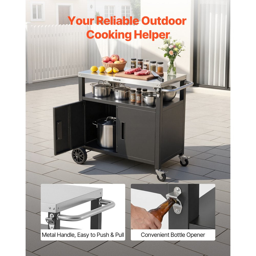 VEVOR Outdoor Grill Cart with Storage Cabinet, 36.4 Inch Grill Table, Waterproof Kitchen Island with Stainless Steel Top, Shelf, and Wheels, Movable Food Prep Station for Patio Bar Backyard BBQ