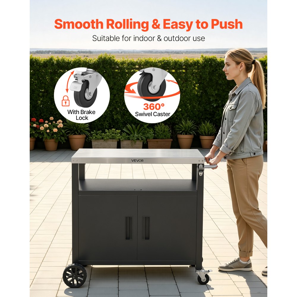 VEVOR Outdoor Grill Cart with Storage Cabinet, 36.4 Inch Grill Table, Waterproof Kitchen Island with Stainless Steel Top, Shelf, and Wheels, Movable Food Prep Station for Patio Bar Backyard BBQ