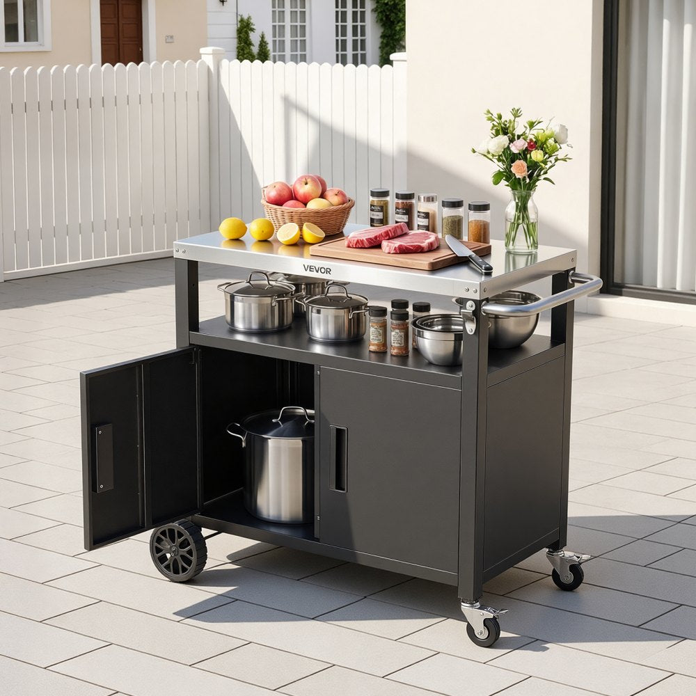 VEVOR Outdoor Grill Cart with Storage Cabinet, 36.4 Inch Grill Table, Waterproof Kitchen Island with Stainless Steel Top, Shelf, and Wheels, Movable Food Prep Station for Patio Bar Backyard BBQ