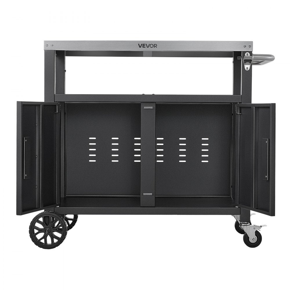 VEVOR Outdoor Grill Cart with Storage Cabinet, 36.4 Inch Grill Table, Waterproof Kitchen Island with Stainless Steel Top, Shelf, and Wheels, Movable Food Prep Station for Patio Bar Backyard BBQ