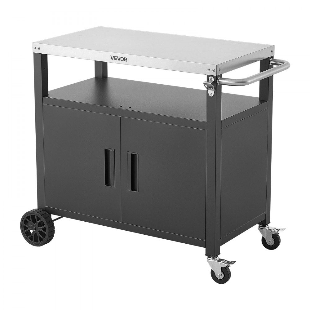 VEVOR Outdoor Grill Cart with Storage Cabinet, 36.4 Inch Grill Table, Waterproof Kitchen Island with Stainless Steel Top, Shelf, and Wheels, Movable Food Prep Station for Patio Bar Backyard BBQ