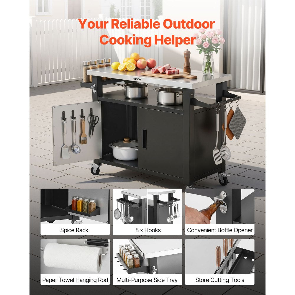 VEVOR Outdoor Grill Cart with Storage Cabinet, 53.1 Inch Grill Table, Waterproof Kitchen Island with Stainless Steel Top, Shelf, and Wheels, Movable Food Prep Station for Patio Bar Backyard BBQ