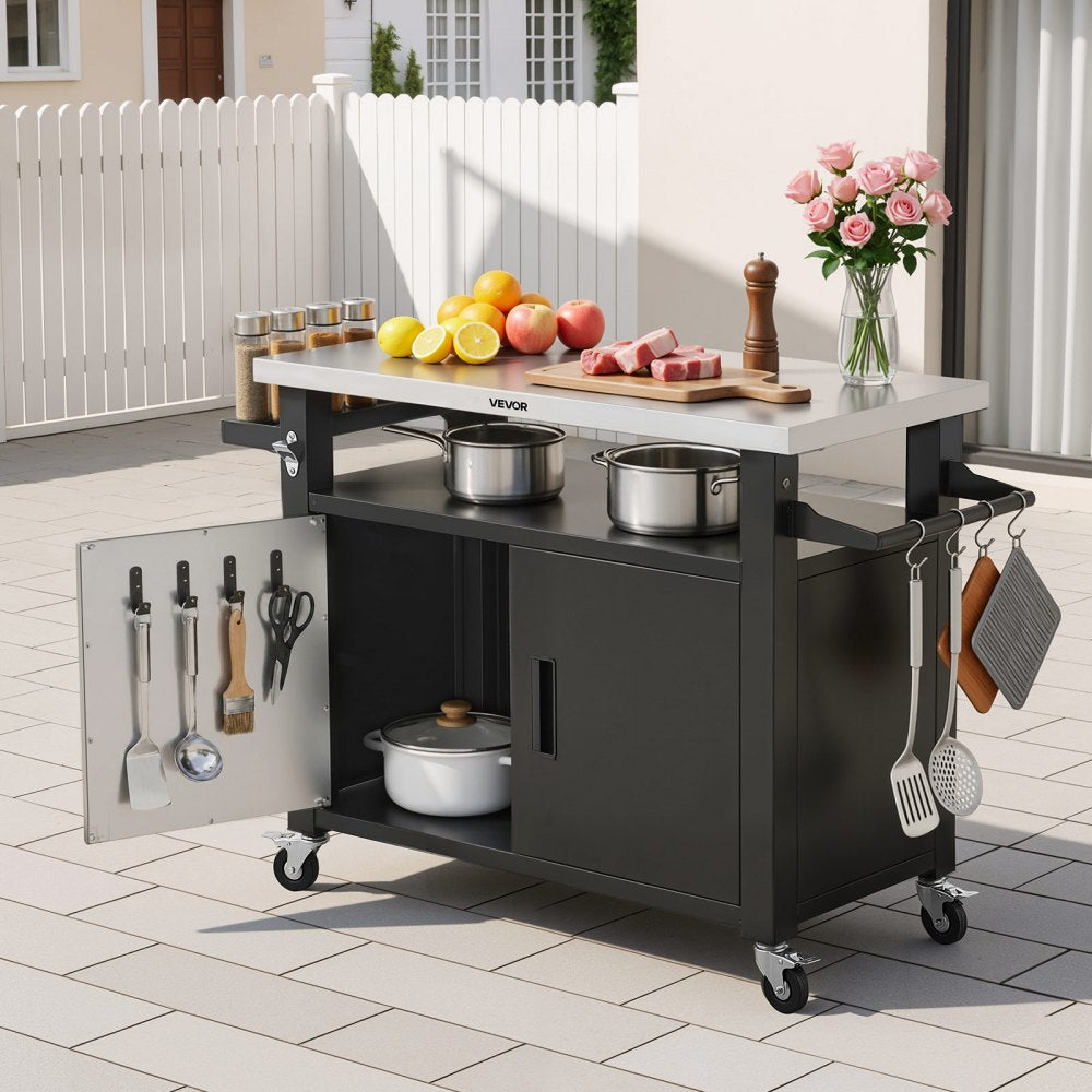 VEVOR Outdoor Grill Cart with Storage Cabinet, 53.1 Inch Grill Table, Waterproof Kitchen Island with Stainless Steel Top, Shelf, and Wheels, Movable Food Prep Station for Patio Bar Backyard BBQ
