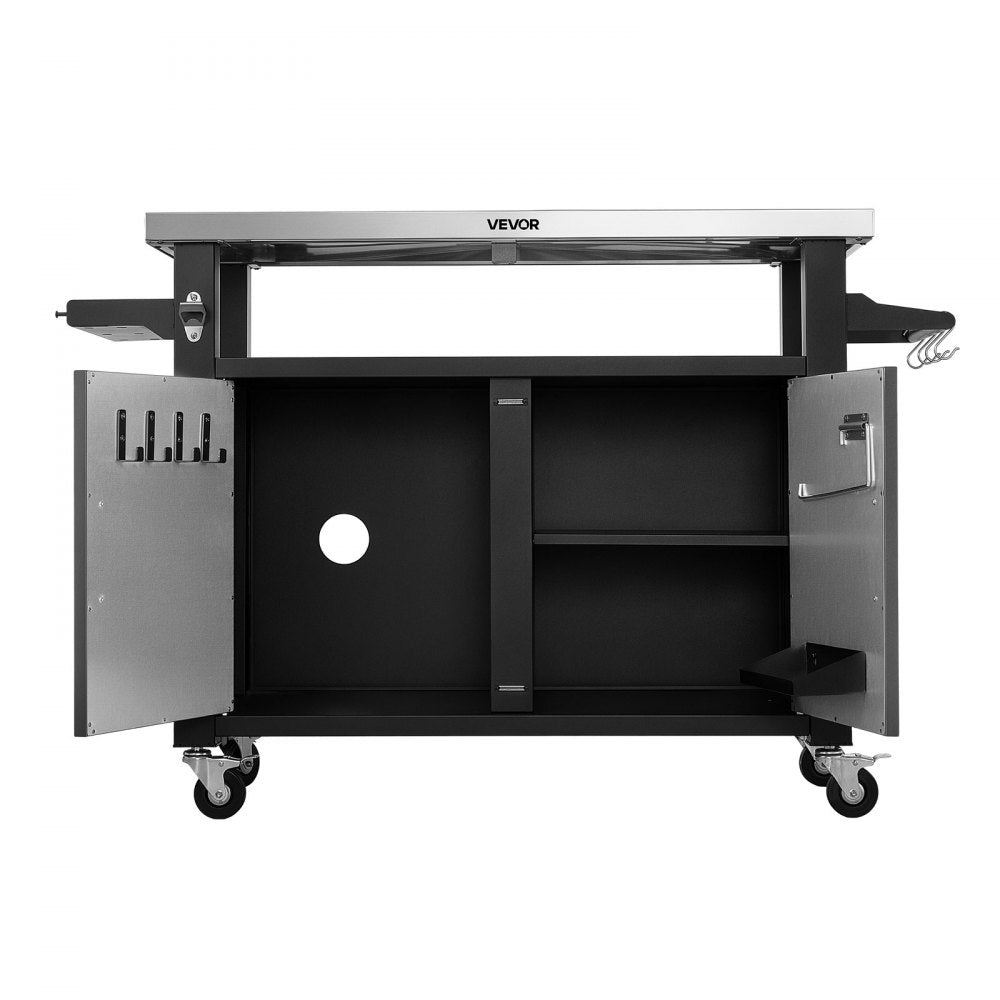 VEVOR Outdoor Grill Cart with Storage Cabinet, 53.1 Inch Grill Table, Waterproof Kitchen Island with Stainless Steel Top, Shelf, and Wheels, Movable Food Prep Station for Patio Bar Backyard BBQ