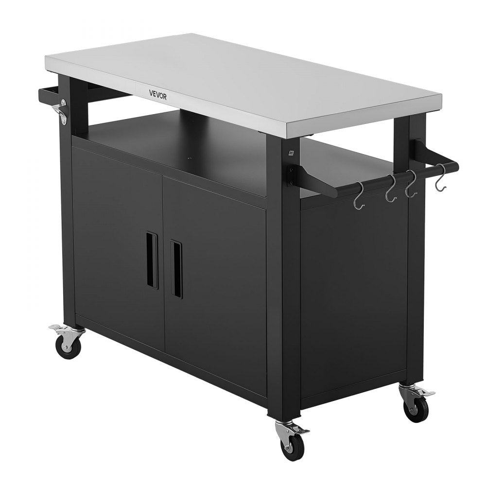 VEVOR Outdoor Grill Cart with Storage Cabinet, 53.1 Inch Grill Table, Waterproof Kitchen Island with Stainless Steel Top, Shelf, and Wheels, Movable Food Prep Station for Patio Bar Backyard BBQ