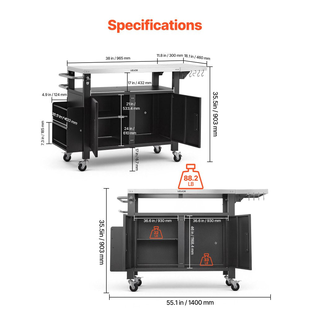 VEVOR Outdoor Grill Cart with Storage Cabinet, 55.1 Inch Grill Table, Waterproof Kitchen Island with Stainless Steel Top, Shelf, and Wheels, Movable Food Prep Station for Patio Bar Backyard BBQ