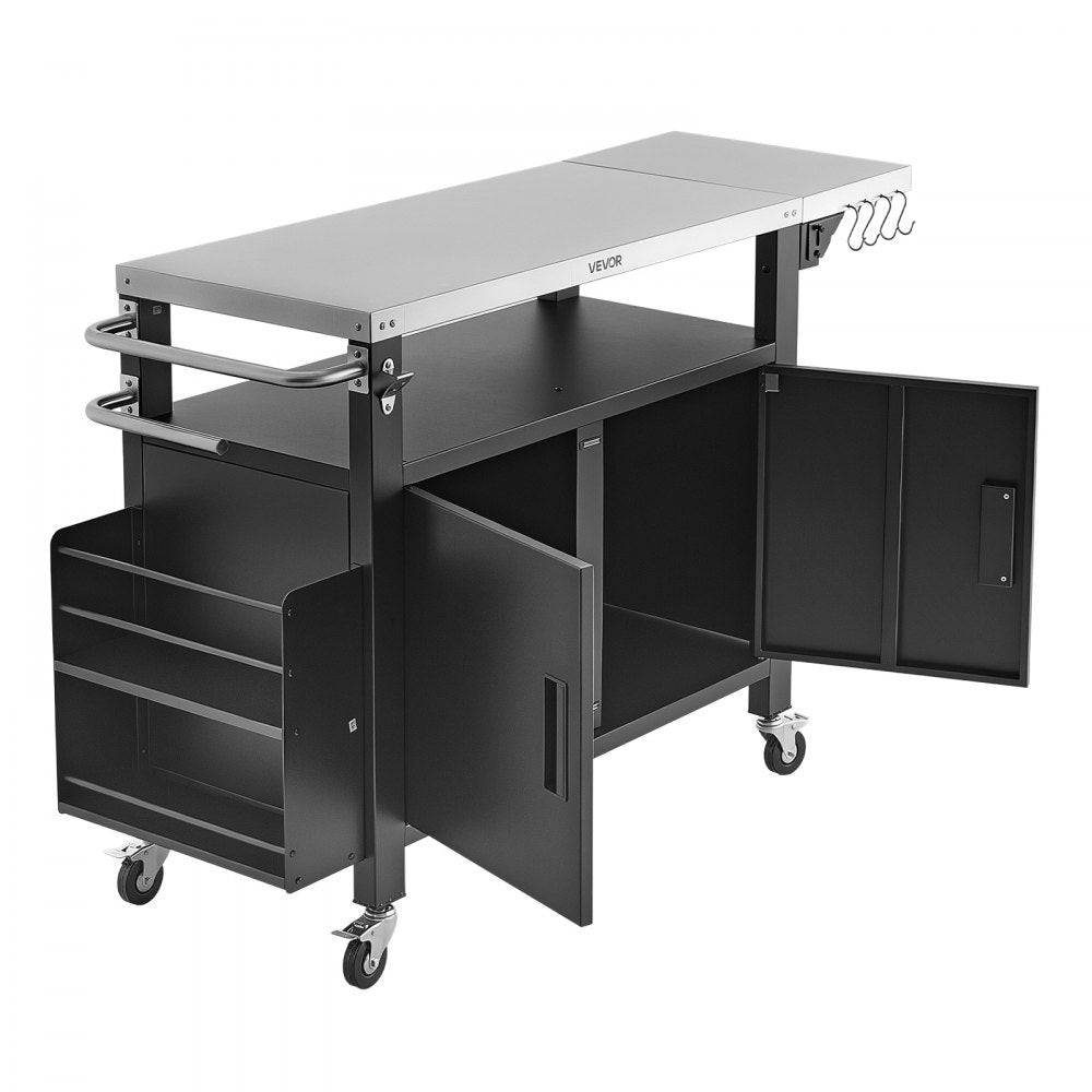 VEVOR Outdoor Grill Cart with Storage Cabinet, 55.1 Inch Grill Table, Waterproof Kitchen Island with Stainless Steel Top, Shelf, and Wheels, Movable Food Prep Station for Patio Bar Backyard BBQ