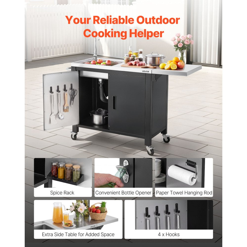 VEVOR Outdoor Grill Cart with Sink and Storage Cabinet, 52 Inch Grill Table, Waterproof Kitchen Island with Stainless Steel Top, Spice Rack, Wheel, Movable Food Prep Station for Patio Bar Backyard BBQ