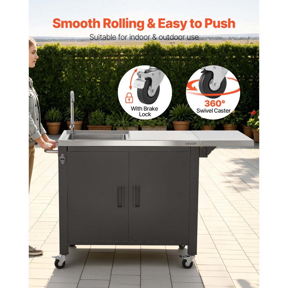 VEVOR Outdoor Grill Cart with Sink and Storage Cabinet, 52 Inch Grill Table, Waterproof Kitchen Island with Stainless Steel Top, Spice Rack, Wheel, Movable Food Prep Station for Patio Bar Backyard BBQ
