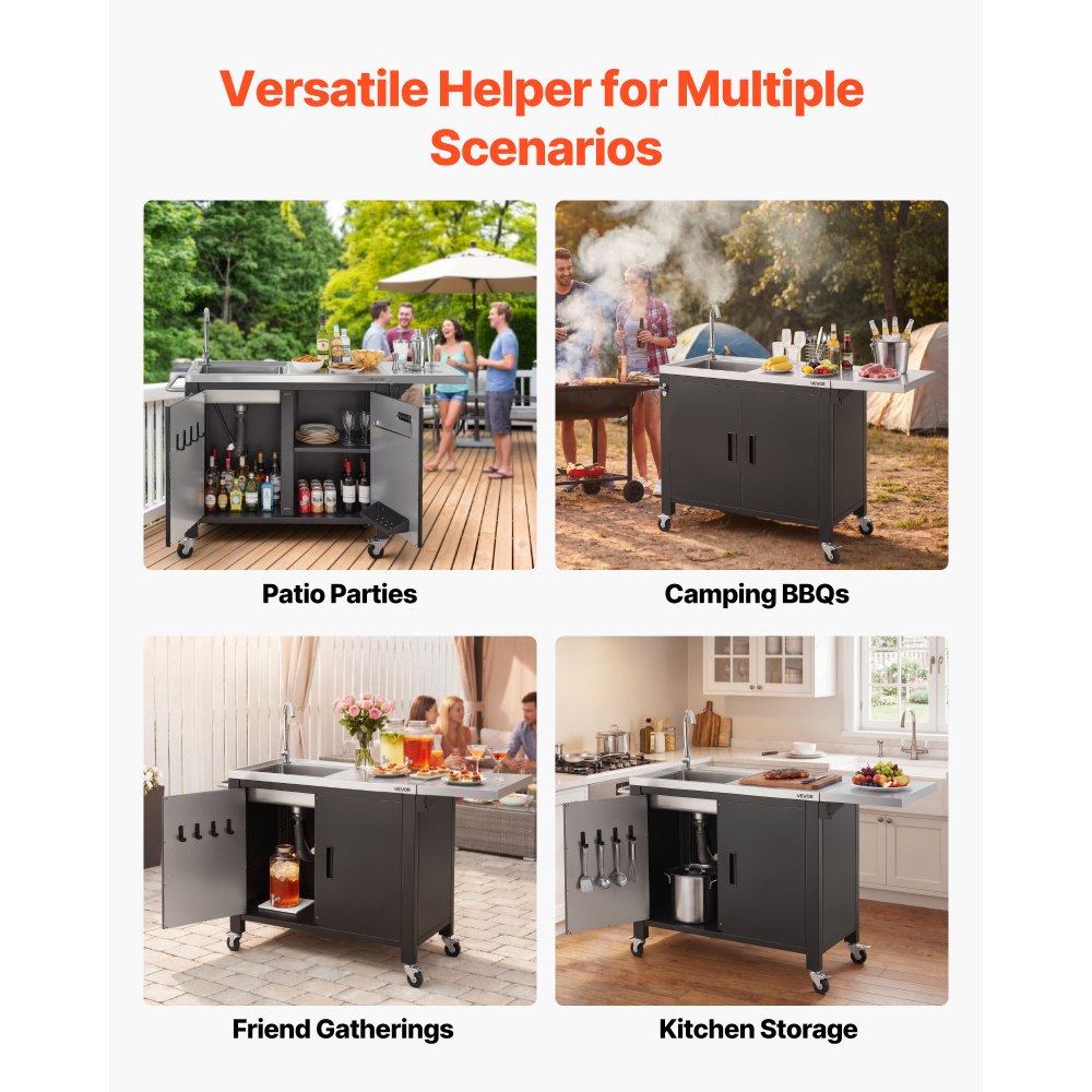 VEVOR Outdoor Grill Cart with Sink and Storage Cabinet, 52 Inch Grill Table, Waterproof Kitchen Island with Stainless Steel Top, Spice Rack, Wheel, Movable Food Prep Station for Patio Bar Backyard BBQ