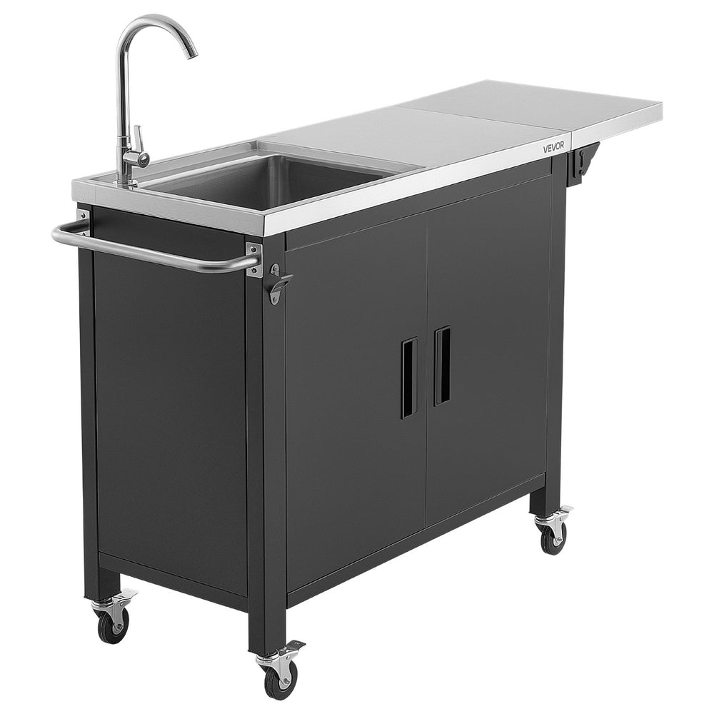 VEVOR Outdoor Grill Cart with Sink and Storage Cabinet, 52 Inch Grill Table, Waterproof Kitchen Island with Stainless Steel Top, Spice Rack, Wheel, Movable Food Prep Station for Patio Bar Backyard BBQ
