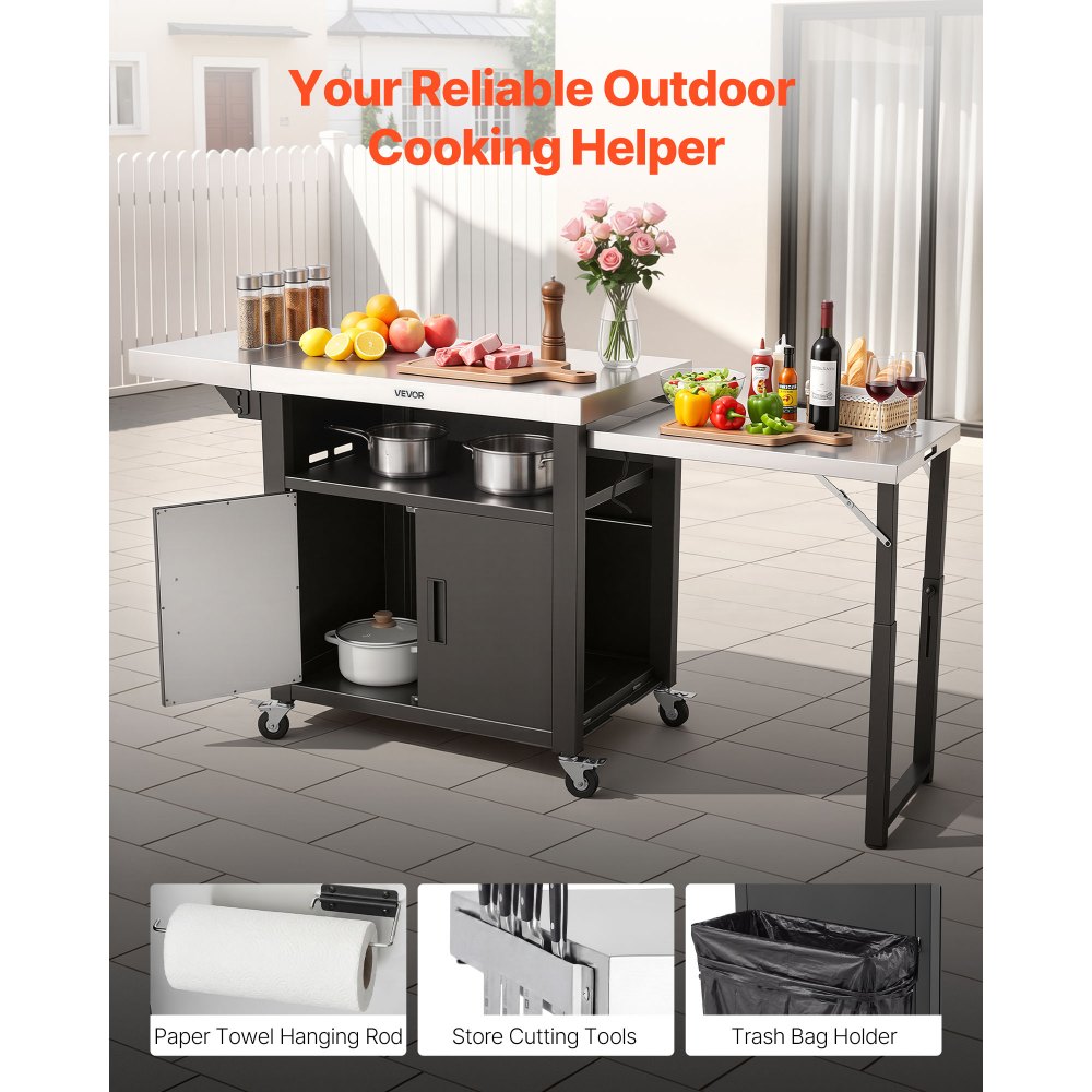 VEVOR Outdoor Grill Cart with Storage Cabinet, 74.8 Inch Grill Table, Waterproof Kitchen Island with Stainless Steel Top, Pull-Out Plate, Wheels, Movable Food Prep Station for Patio Bar Backyard BBQ