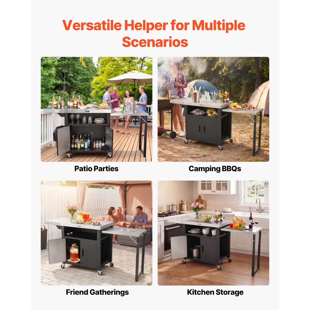 VEVOR Outdoor Grill Cart with Storage Cabinet, 74.8 Inch Grill Table, Waterproof Kitchen Island with Stainless Steel Top, Pull-Out Plate, Wheels, Movable Food Prep Station for Patio Bar Backyard BBQ