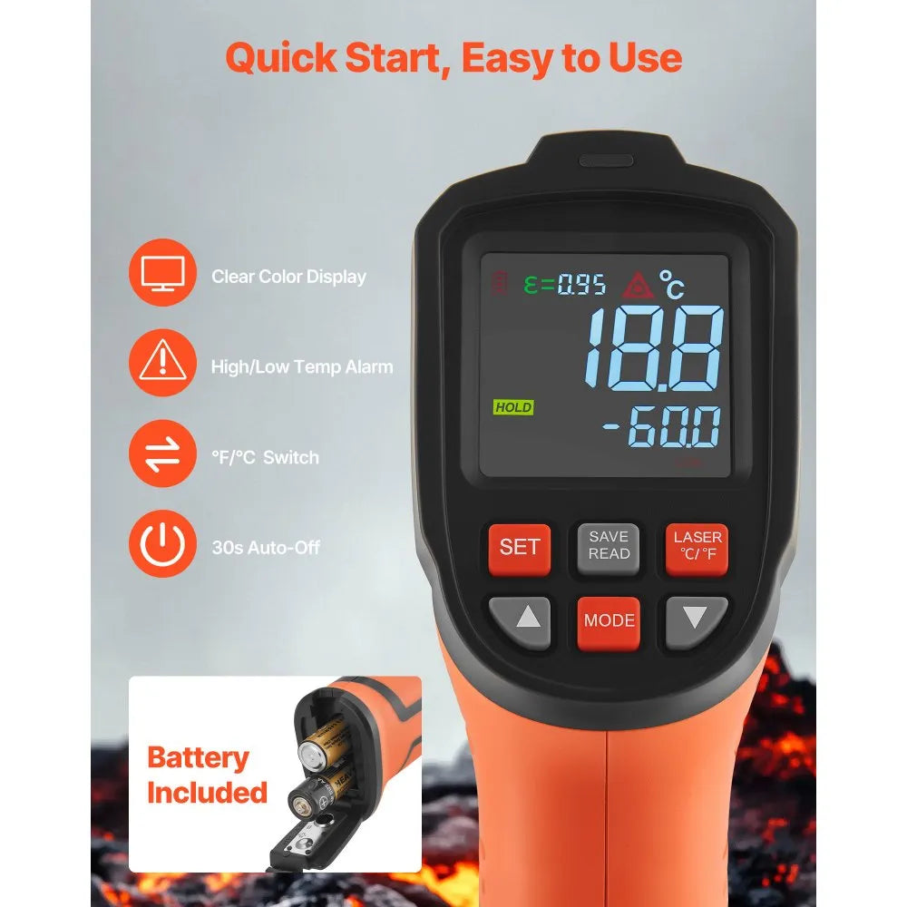 VEVOR Infrared Thermometer, -22℉ to 2192℉ Dual-Mode IR Thermometer Gun with K-Type Thermocouple, Dual Laser Heat Temperature Gun Non-Contact for Cooking/Griddle/Engine/Industrial Use (Not for Human)