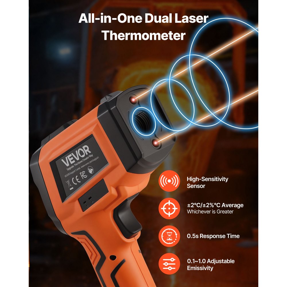 VEVOR Infrared Thermometer, -22℉ to 2912℉ Dual-Mode IR Thermometer Gun with K-Type Thermocouple, Dual Laser Heat Temperature Gun Non-Contact for Metal Smelting/Engine/Industry/Cooking (Not for Human)
