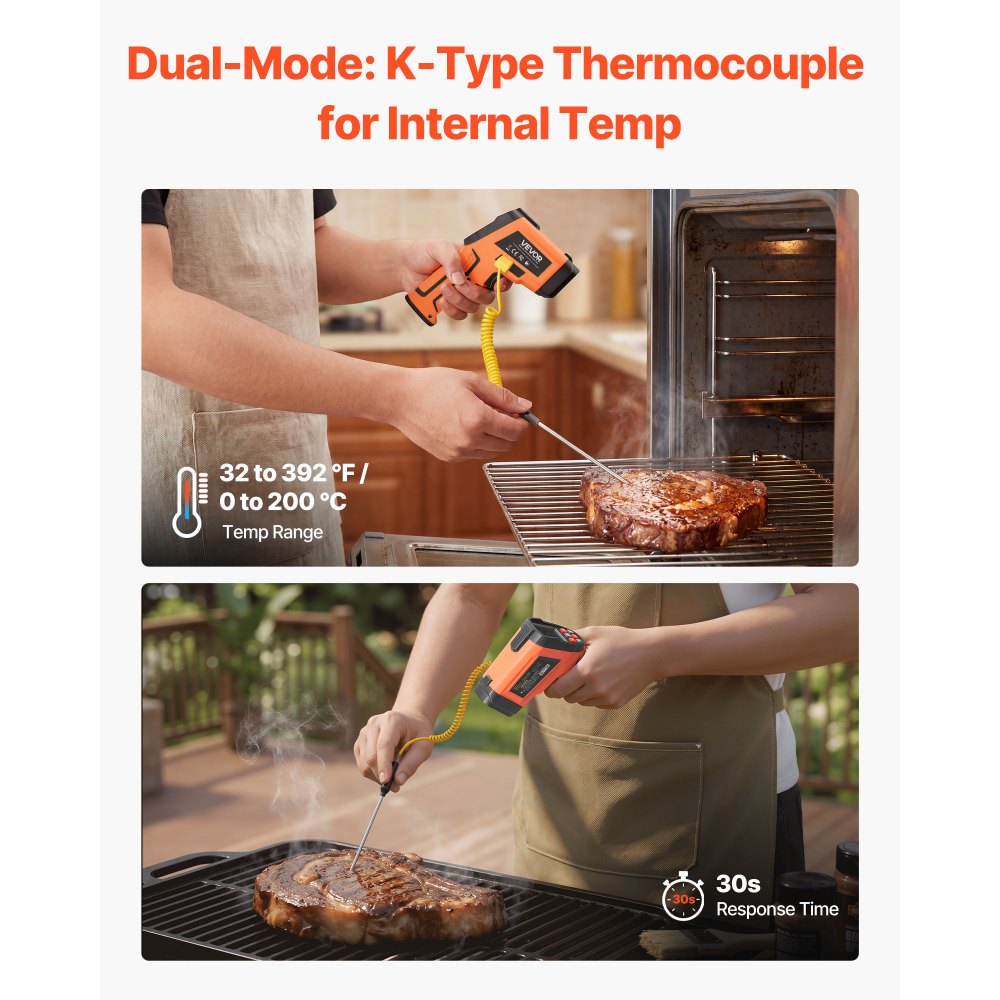 VEVOR Infrared Thermometer, -22℉ to 2912℉ Dual-Mode IR Thermometer Gun with K-Type Thermocouple, Dual Laser Heat Temperature Gun Non-Contact for Metal Smelting/Engine/Industry/Cooking (Not for Human)