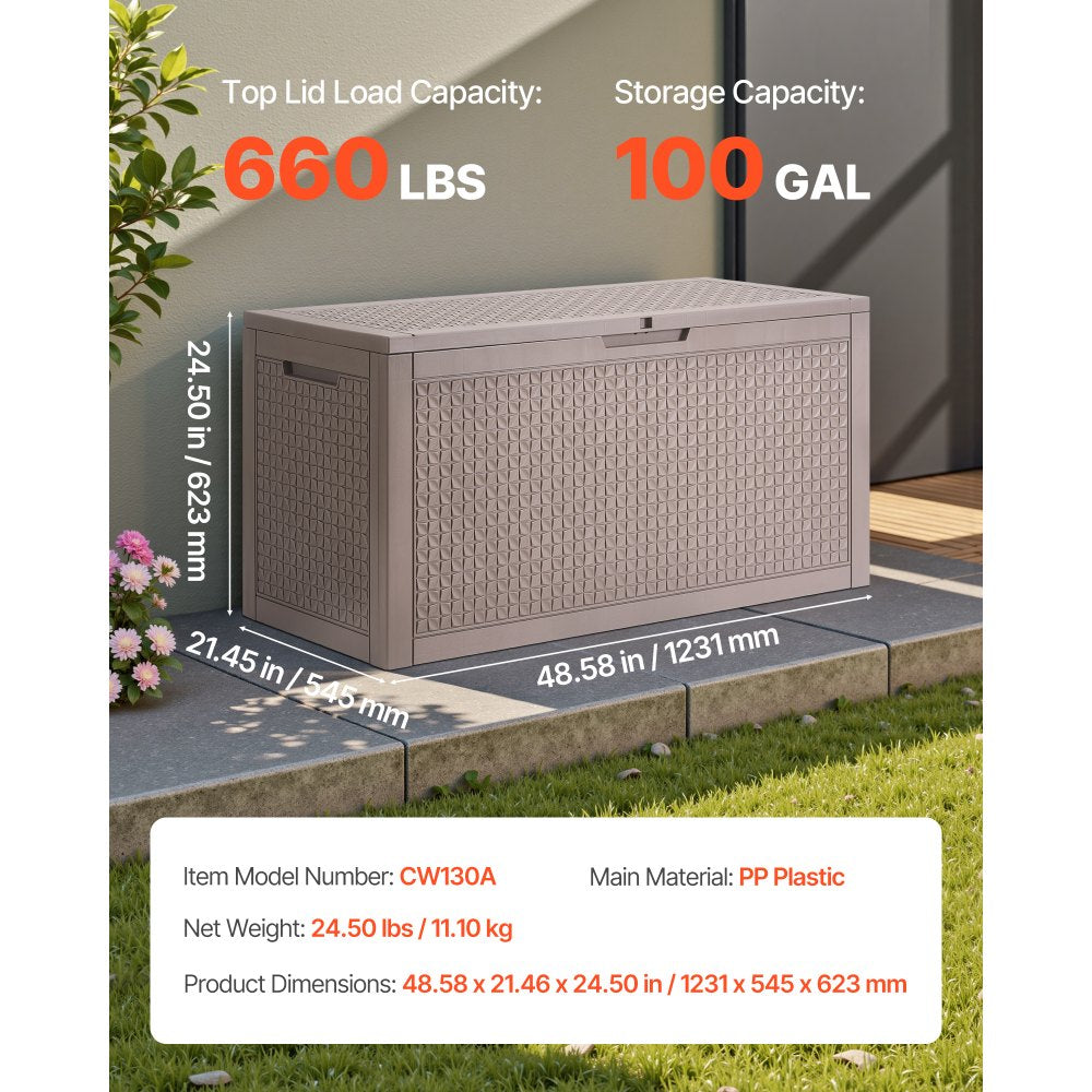 VEVOR Deck Box, 100 Gallon Outdoor Storage Box, 48.0" x 21.5" x 24.5", Waterproof PP Deckbox with Aluminum Alloy Padlock, for Patio Furniture, Pool Toys, Garden Tools, Outdoor Cushions, Gray