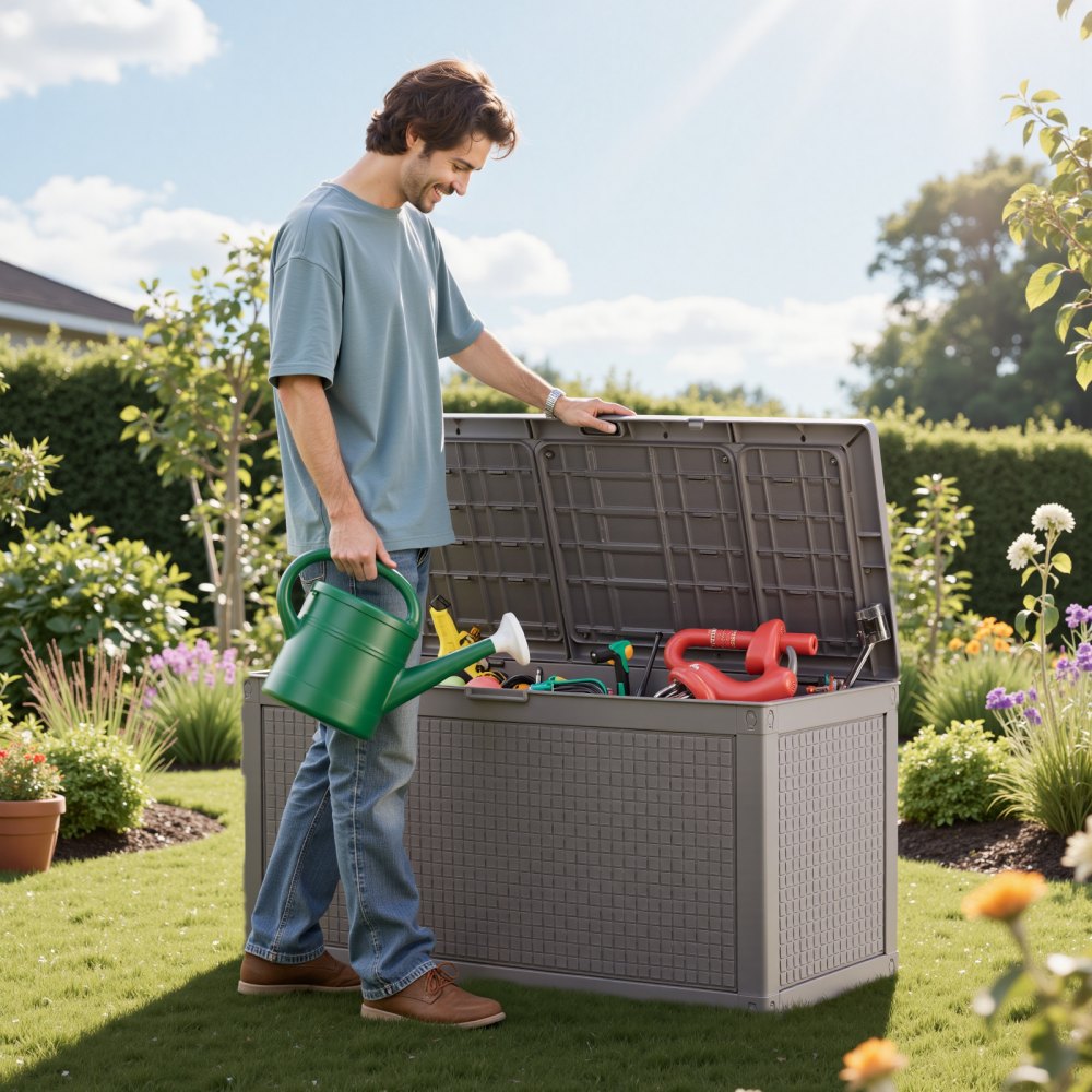 VEVOR Deck Box, 100 Gallon Outdoor Storage Box, 48.0" x 21.5" x 24.5", Waterproof PP Deckbox with Aluminum Alloy Padlock, for Patio Furniture, Pool Toys, Garden Tools, Outdoor Cushions, Gray