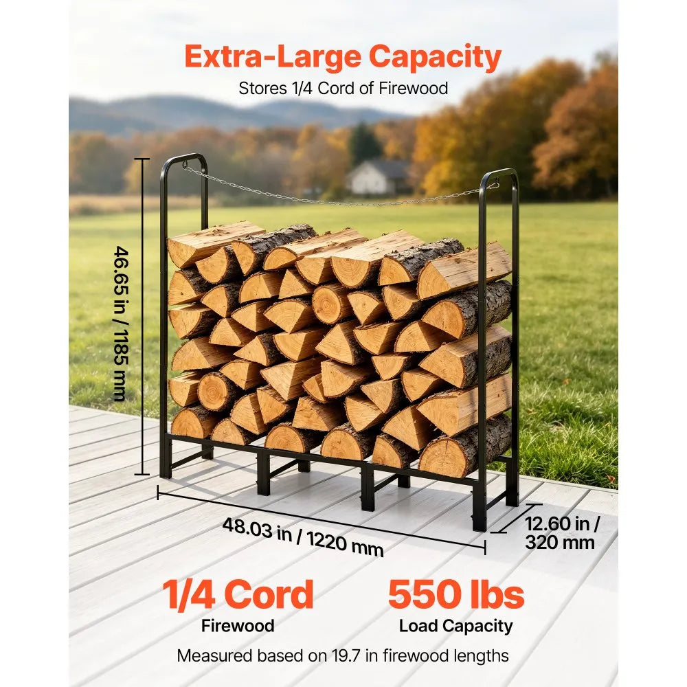 VEVOR Firewood Rack 4ft 1/4 Cord Heavy Duty Outdoor Wood Storage Holder, for Fireplace Patio Deck, 550 lbs Load Capacity, Carbon Steel Frame Fire Log Stacker Stand, Metal Wood Pile Organizer, Black