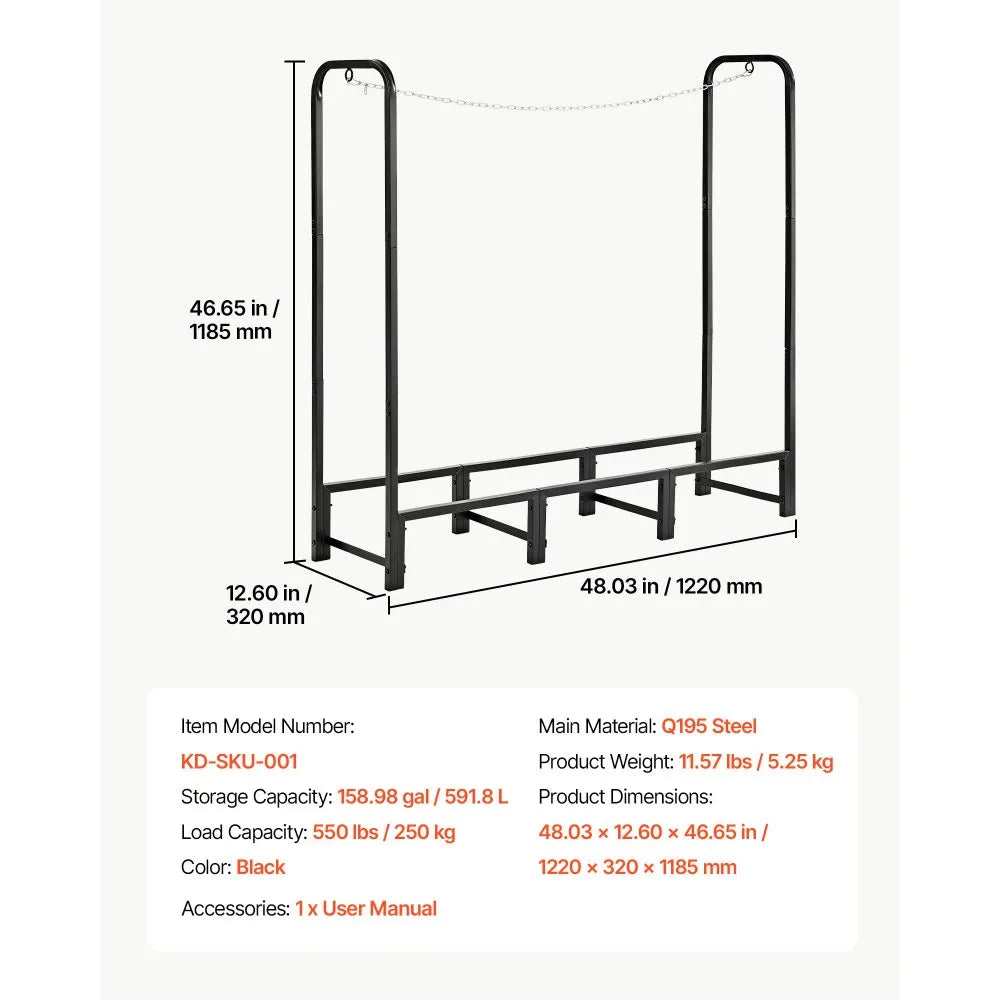 VEVOR Firewood Rack 4ft 1/4 Cord Heavy Duty Outdoor Wood Storage Holder, for Fireplace Patio Deck, 550 lbs Load Capacity, Carbon Steel Frame Fire Log Stacker Stand, Metal Wood Pile Organizer, Black